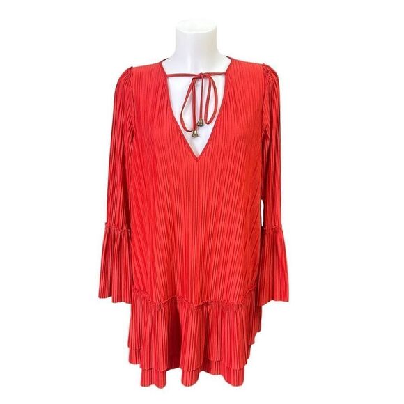 Free People Can’t Help It Red Orange Pleated Flowy Mini Dress Size Small Boho - Picture 1 of 11